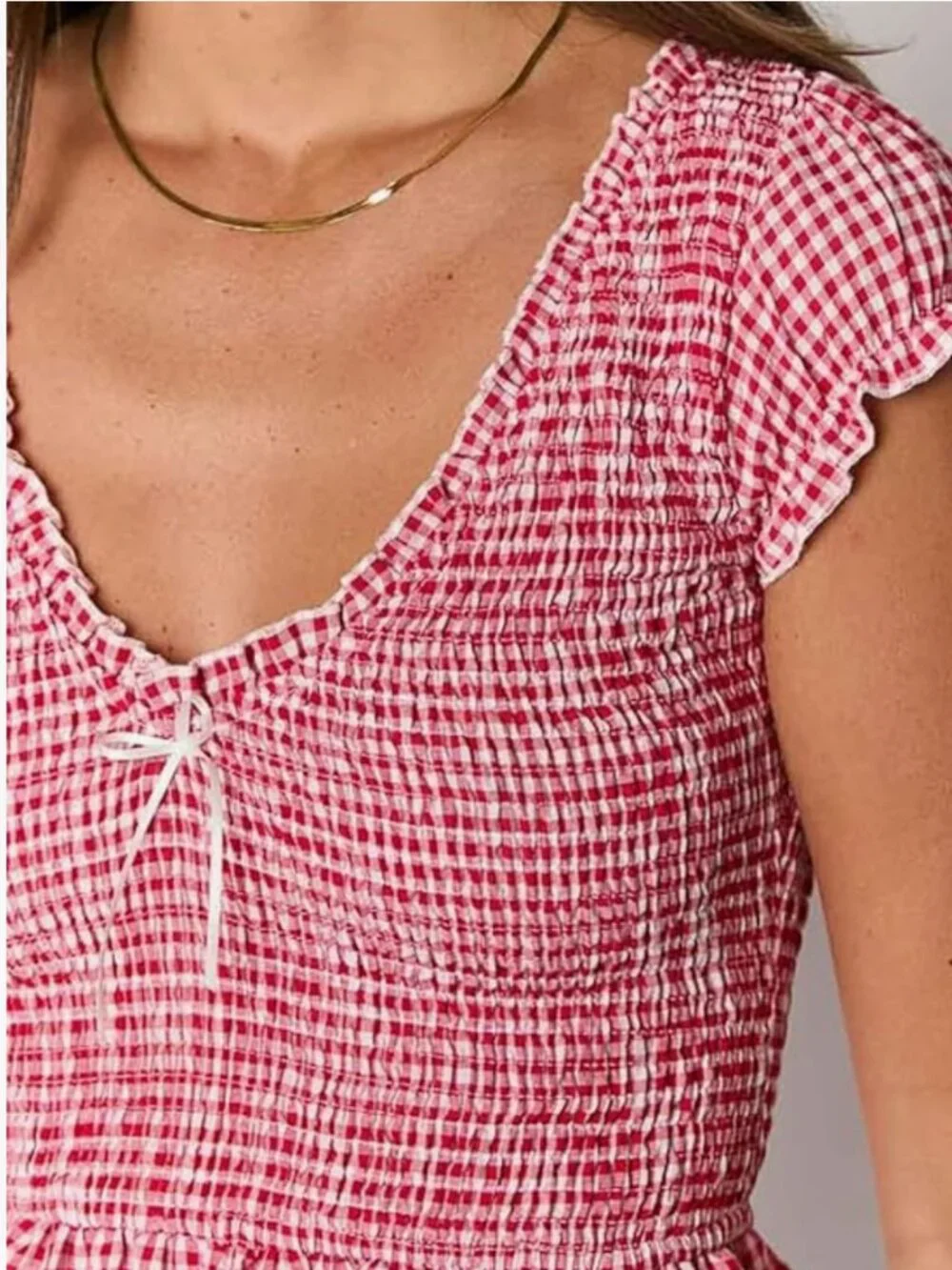 Womens Summer Gingham V Neck Puff Sleeve Smocked Wide Leg Romper Red Small - Picture 5 of 6